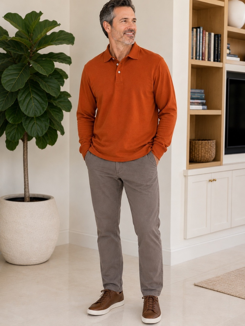 LL BEAN Men's Rust Long-Sleeve Polo Sweater size L Tall